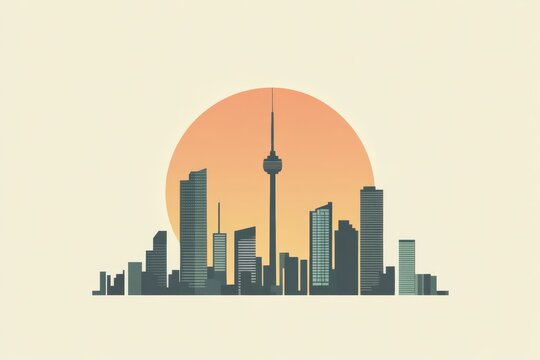 Modern city skyline silhouette with tower against sunset