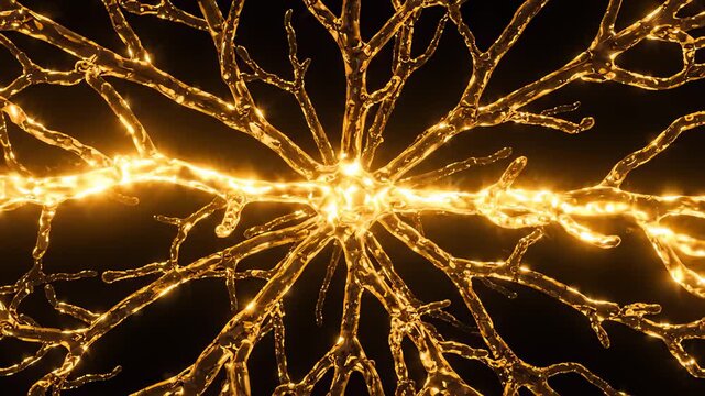 Glowing Golden Neural Network Synapse Sending Electrical Impulses in Human Brain