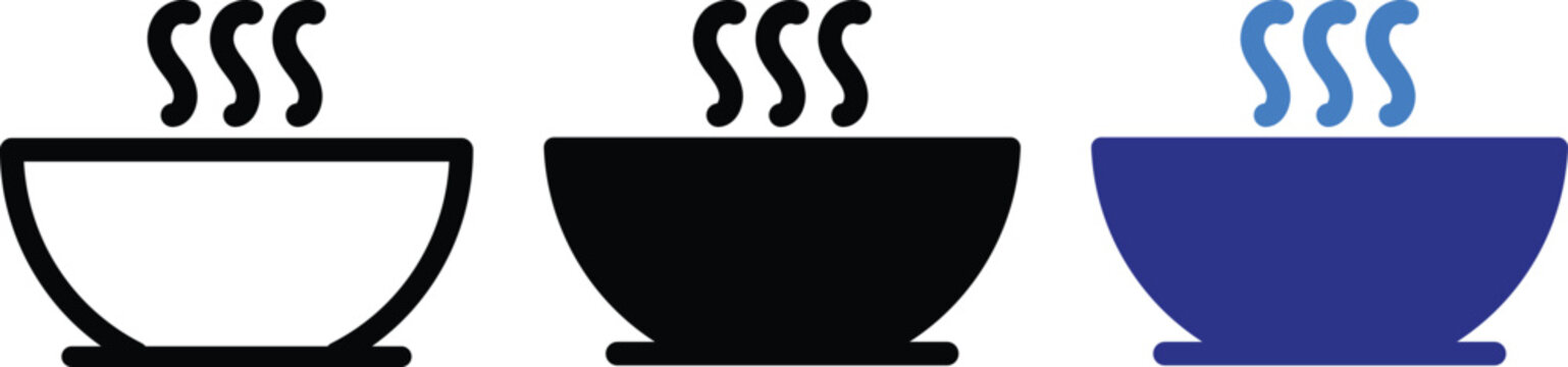 Soup bowl icon set. Outline and solid hot meal food restaurant dining symbols. Kitchen catering cuisine culinary nutrition sign