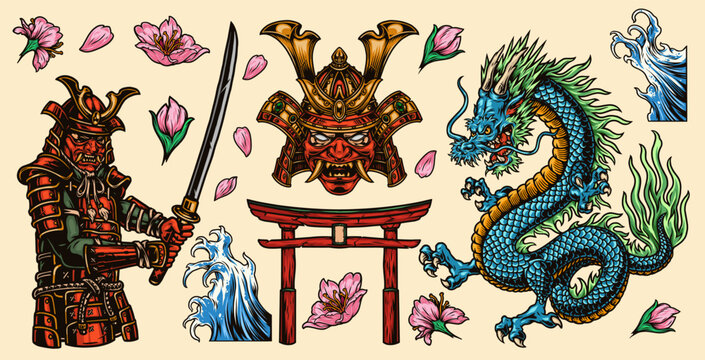 Samurai stands with sword beside shrine gate