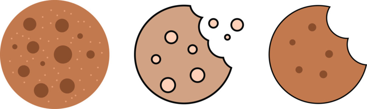 Cookies sweet biscuit icon set. dessert pastry bakery symbols. Baked food snacks chocolate chip confectionery and treats signs