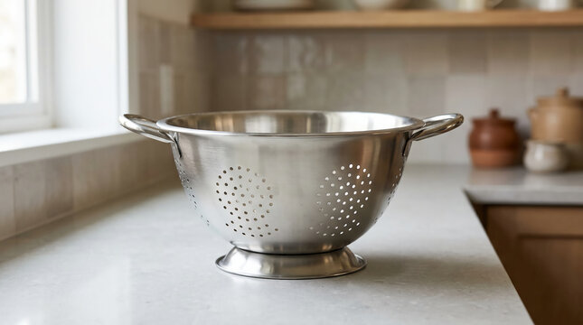 A stainless steel colander sits empty on a kitchen countertop near a window, with wooden kitchen elements blurred in the background.