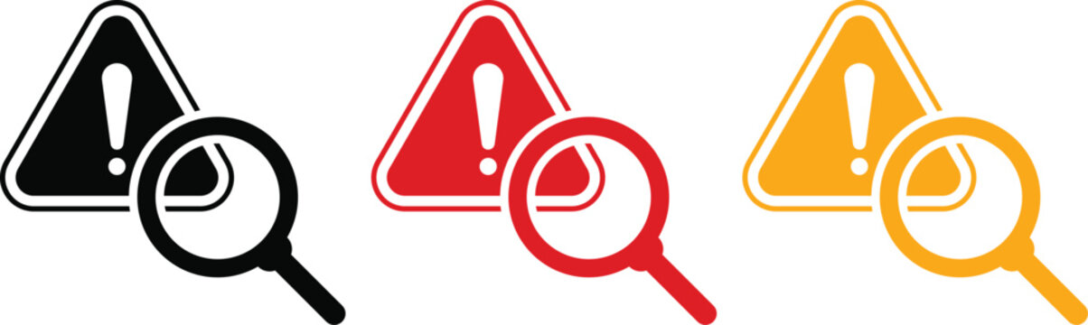 Finding problem icon set. Black, yellow and red analysis troubleshoot search error symbols. Investigation diagnostics inspection and issue resolution
