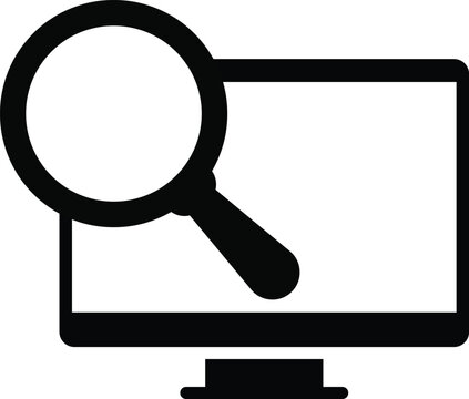 computer with search icon. screen analysis symbols. Digital research, data recovery and online information investigation signs