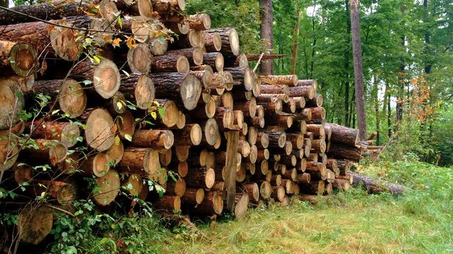 Felled trees in the forest. Selective focus.