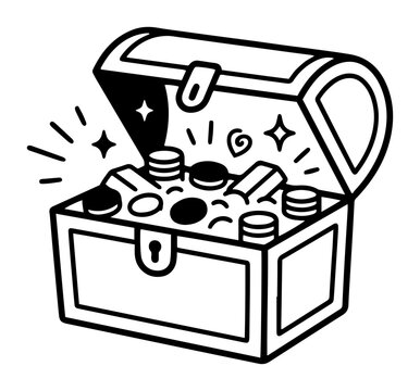 Open treasure chest filled with gold coins and jewels line art doodle