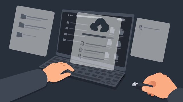 Cloud Upload And File Backup Concept On Laptop.  Flat 2D Animation Of Hands Using A Computer And Holding A USB Flash Drive, With Floating Storage File Panels and Progress Bar