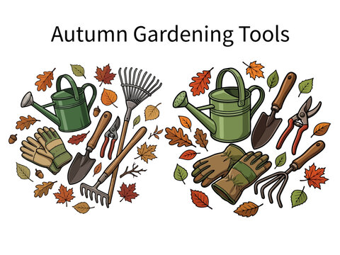 Autumn Gardening Tools with Seasonal Leaves and Equipment