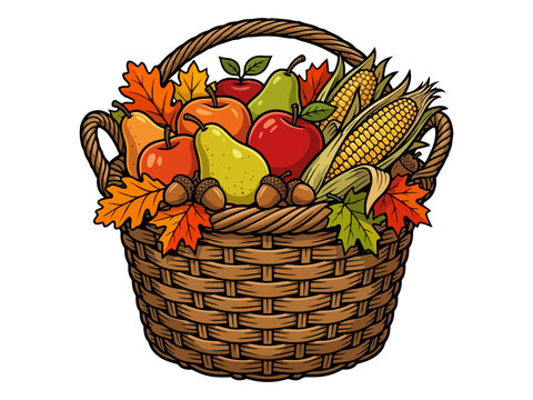 Autumn Harvest Wicker Basket with Fall Fruits Vegetables and Leaves