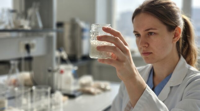 Female Scientist Inspecting Luminescent Quartz Particles in Glass Vial