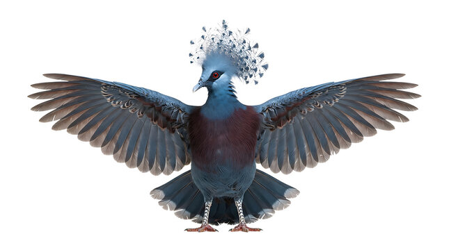 A victoria crowned pigeon with blue plumage and a delicate lace-like crest, standing with its large wings spread wide on white background