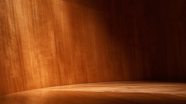 A curved wall clad in warm chestnut veneer forms an elegant modern autumn wood background where directional lighting follows the architecture and reveals subtle variations in the polished grain