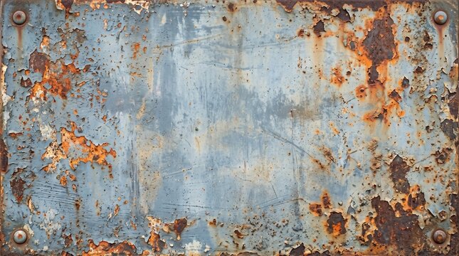 Weathered blue-gray metal plate with peeling paint, orange rust stains and corner rivets, grunge industrial texture background with plenty of copy space