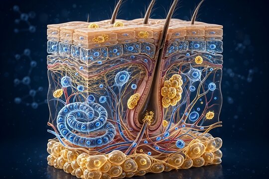 3d crosssection illustration of human skin layers with hair follicle and cellular structures