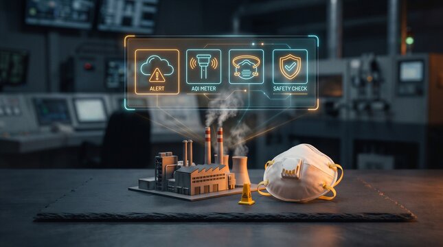 Industrial emissions monitoring system displaying air quality alerts and respiratory safety protocols for occupational health compliance and environmental hazard management