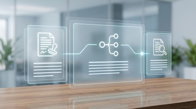 Transparent glass interface showing digital document verification and data processing icons hovering over wooden table in contemporary corporate office environment for business analytics