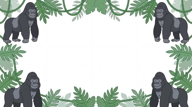 Cute Cartoon Gorilla Jungle Leaf Frame with Copy Space
