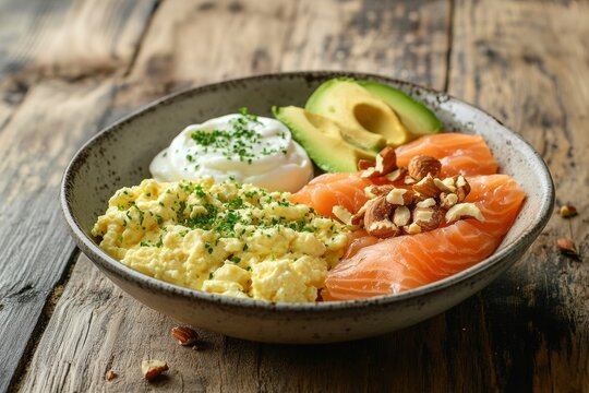 Healthy breakfast bowl with scrambled eggs, avocado, and smoked salmon