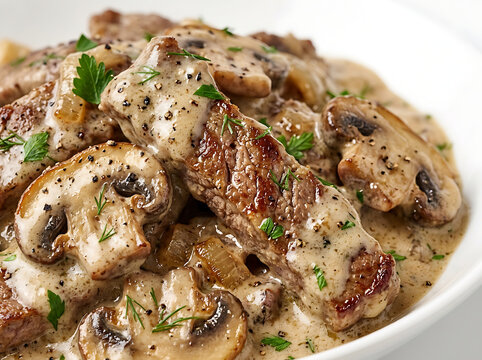 Savory Beef Stroganoff with Saut&eacute;ed Mushrooms and Creamy Peppercorn Sauce