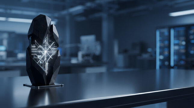 Abstract high-end cybersecurity concept. A single, intricately carved obsidian-like monolith with glowing white fiber-optic geometric patterns pulsing within its core.