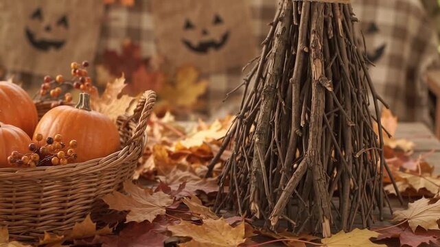 Autumn harvest pumpkins in woven basket surrounded by fall leaves and decorative props