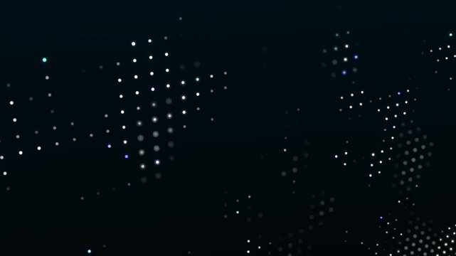 White halftone dots form flowing wave patterns with subtle blue highlights on black. Looping abstract digital background.