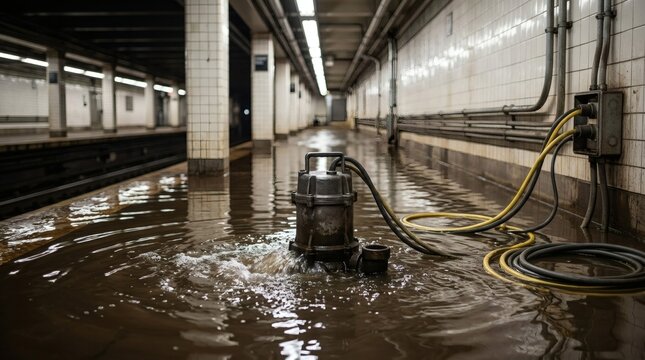 Flooded subway station platform with industrial water pump working