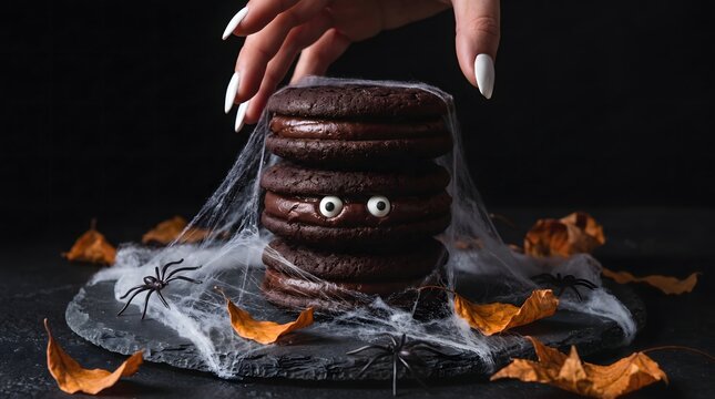   Halloween Spooky chocolate sandwich cookies. Spooky chocolate sandwich cookies with mummy candy eyes cobweb and witch hand
