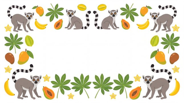 Cute Cartoon Lemur and Tropical Fruit Vector Frame with Copy Space