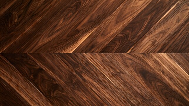 Smoked walnut arranged in a large herringbone pattern creates a sophisticated modern autumn wood background with subdued reflections and warm highlights emphasizing the precise craftsmanship