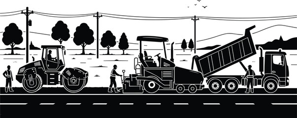 Black and white construction site illustration with road roller, dump truck, workers, power lines, trees, and rural landscape featuring industrial machinery scene © LitonChandra