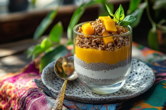 Chia pudding with mango and granola in sunlit setting
