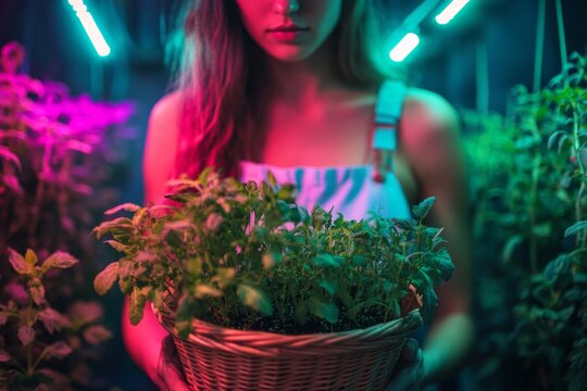 Young caucasian female holding basket of plants in neon-lit urban farm