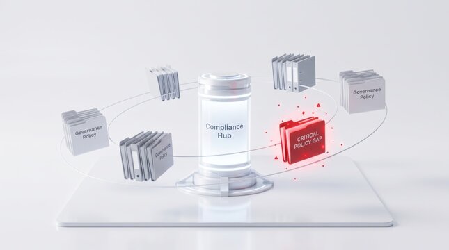 Minimal glass blocks with one red element, policy gap analysis, control gap, deficiency detection and compliance risk concept
