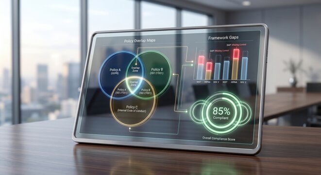 Tablet with overlap diagram and gauge in office, policy gap analysis, standards comparison, compliance benchmarking and governance
