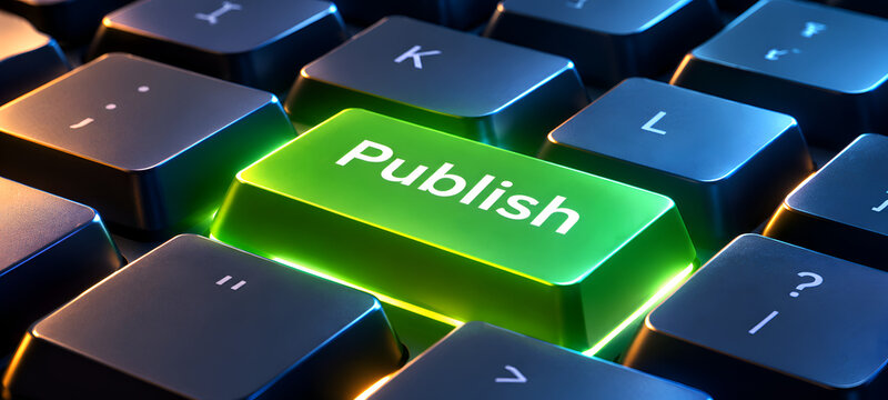Glowing Green Publish Button on Computer Keyboard Concept for Content Creation and Digital Media