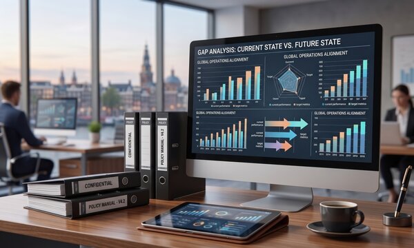 Monitor with current state vs future state charts, policy gap analysis, benchmarking, compliance improvement and strategy planning
