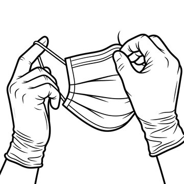 Hands putting on medical face mask line art