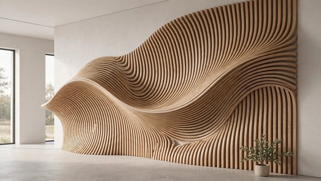 Modern 3D Rendered Curved Wooden Wall Parametric Architecture Interior Background