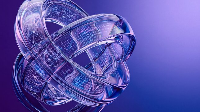 Futuristic glass torus knot with digital network data, abstract 3D crystal rings with glowing tech grid, purple and blue high-tech background