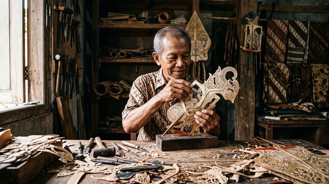 Senior master artisan carving intricate details on a traditional leather shadow puppet puppet wayang kulit in his wooden craft workshop.