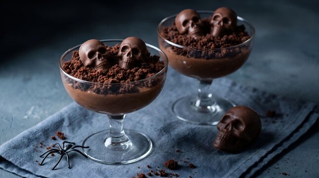 Two chocolate mousse glasses topped with edible chocolate skulls and cookie