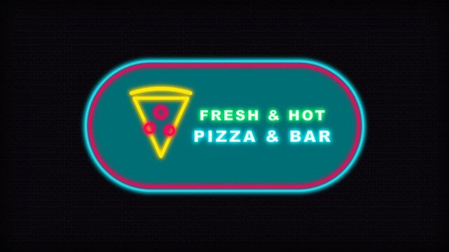 Glowing neon sign display featuring a triangular slice of food and descriptive text for a restaurant serving fresh and hot culinary options during night hours to attract hungry patrons and guests