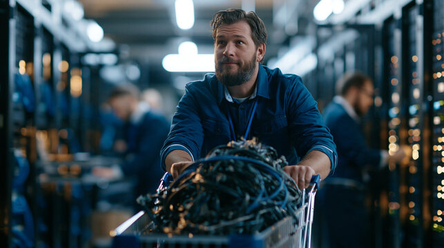 Data center technician pushing a large shopping cart
