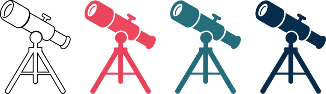 Astronomical telescope icon set, astronomy observation and space exploration symbols featuring stargazing equipment, celestial research, planets and scientific discovery.