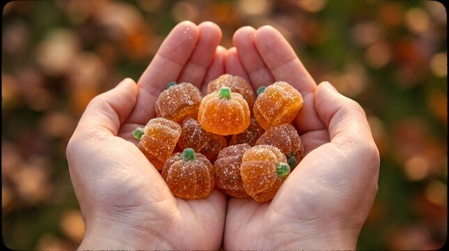 Person holding a handful of small sugary pumpkin shaped candies with halloween