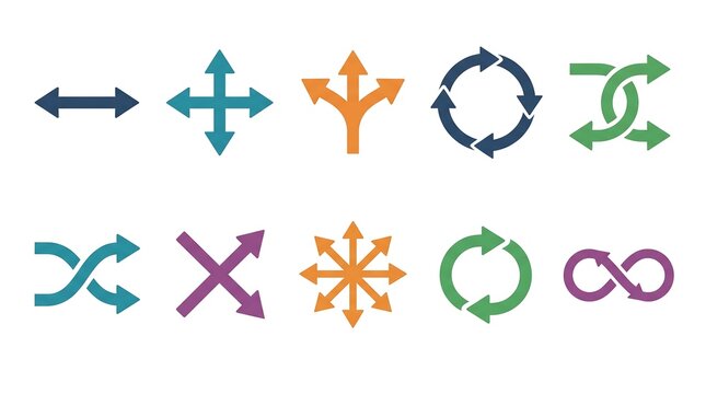 A vibrant collection of colorful arrow and direction icons illustrating movement and diverse navigational pathways and choices
