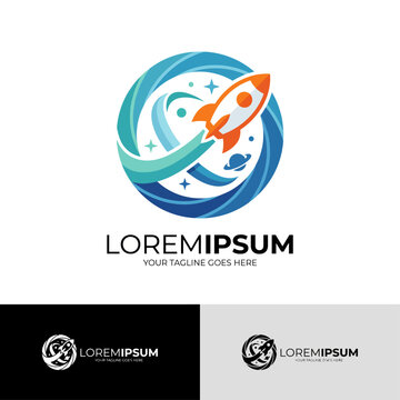 A vibrant logo design showcasing a rocket soaring through space, surrounded by planets, capturing the essence of exploration and adventure in the cosmos.