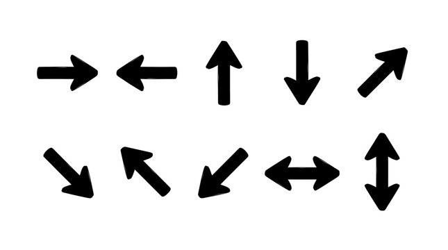 Collection of hand drawn black arrow icons pointing in different directions on a white background