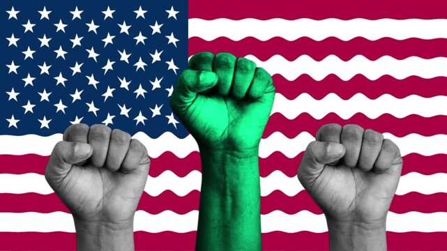 Raised fists in unity and strength animation footage against waving American flag background